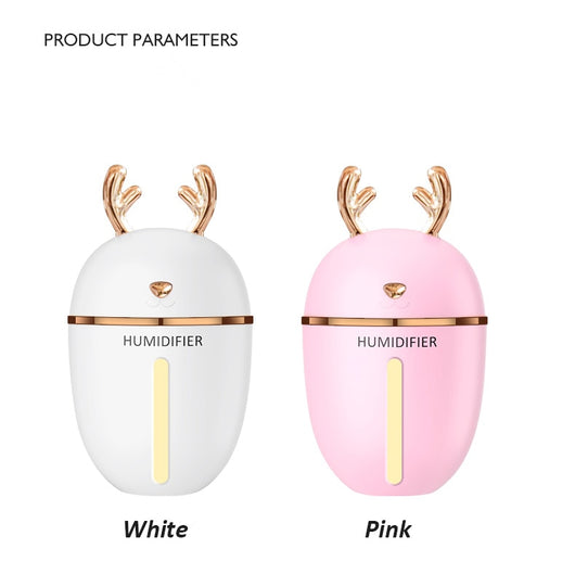 Pink deer-shaped ultrasonic humidifier with gold antlers, a white USB fan, and a white USB light. - Image 26