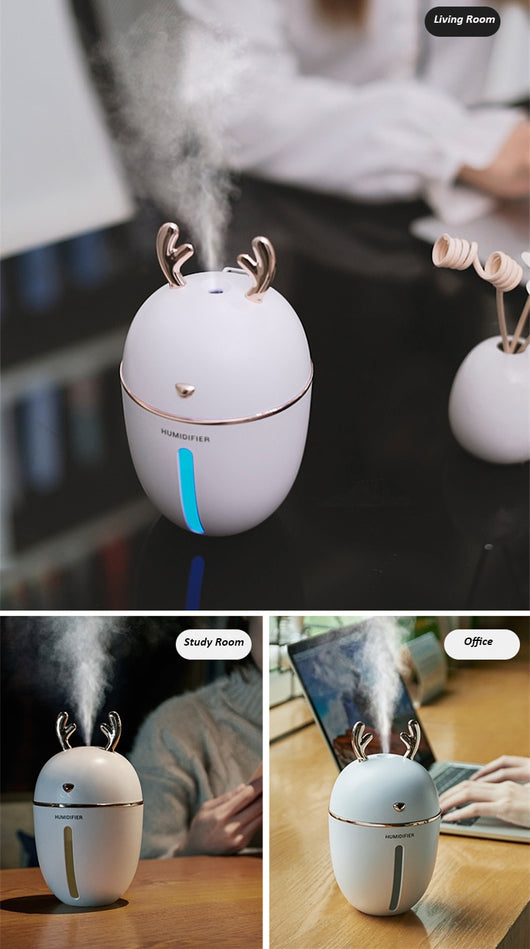 Pink deer-shaped ultrasonic humidifier with gold antlers, a white USB fan, and a white USB light. - Image 28