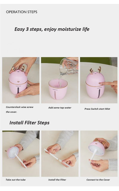 Pink deer-shaped ultrasonic humidifier with gold antlers, a white USB fan, and a white USB light. - Image 29