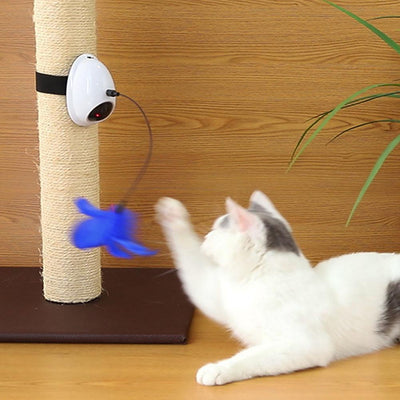 Electric cat toy with a white dome base, a flexible black rod, and a vibrant blue feather attachment. - Image 9