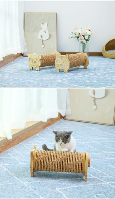 Cat scratcher with a corrugated cardboard cylinder and light wood ends, one shaped like a cat's head. - Image 7