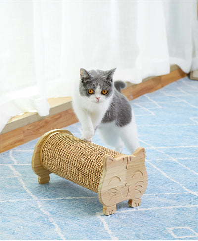 Cat scratcher with a corrugated cardboard cylinder and light wood ends, one shaped like a cat's head. - Image 8