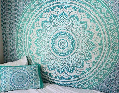 Black tapestry with white constellations and a large grey moon hanging above a bed in a bedroom. - Image 10