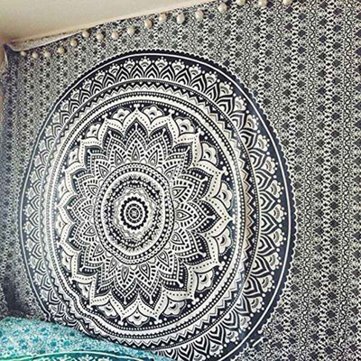 Black tapestry with white constellations and a large grey moon hanging above a bed in a bedroom. - Image 12