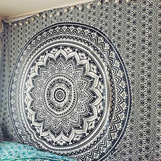 Black tapestry with white constellations and a large grey moon hanging above a bed in a bedroom. - Image 12
