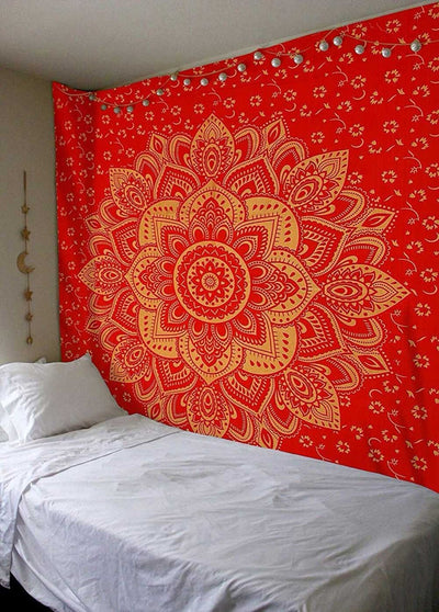 Black tapestry with white constellations and a large grey moon hanging above a bed in a bedroom. - Image 14