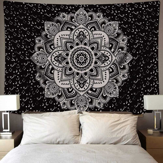 Black tapestry with white constellations and a large grey moon hanging above a bed in a bedroom. - Image 15