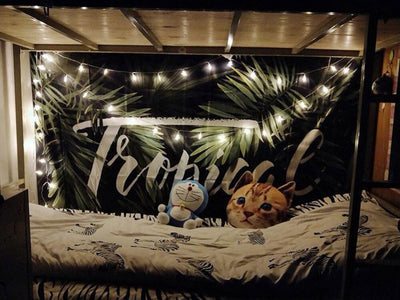 Black tapestry with white constellations and a large grey moon hanging above a bed in a bedroom. - Image 18