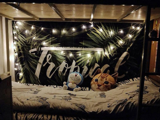 Black tapestry with white constellations and a large grey moon hanging above a bed in a bedroom. - Image 18