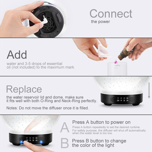 Spherical 3D aromatherapy essential oil diffuser with 7 LED color lighting modes and a black base. - Image 14