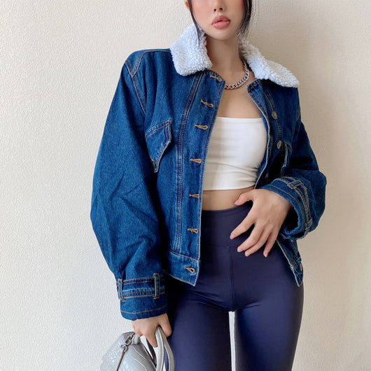 Chaqueta Denim Retro Americana con Forro de Lana para Mujer - Image 23