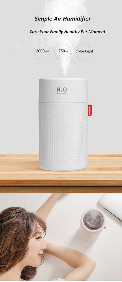 White cylindrical USB rechargeable wireless ultrasonic aromatherapy water mist diffuser lamp with H₂O HUMIDIFIER text. - Image 11