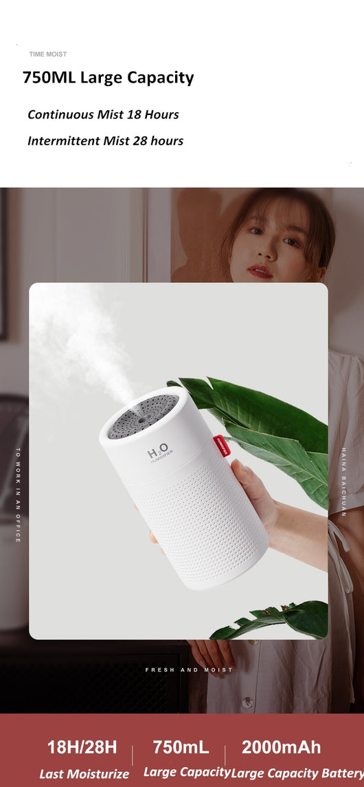 White cylindrical USB rechargeable wireless ultrasonic aromatherapy water mist diffuser lamp with H₂O HUMIDIFIER text. - Image 12