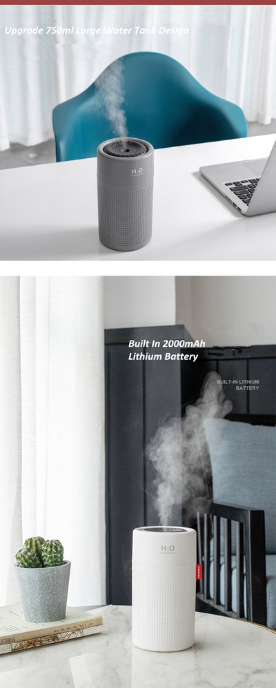 White cylindrical USB rechargeable wireless ultrasonic aromatherapy water mist diffuser lamp with H₂O HUMIDIFIER text. - Image 13