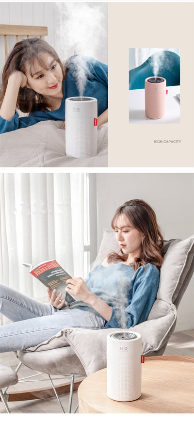 White cylindrical USB rechargeable wireless ultrasonic aromatherapy water mist diffuser lamp with H₂O HUMIDIFIER text. - Image 14