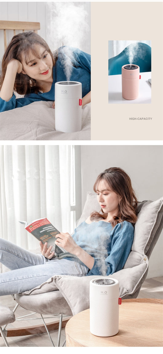 White cylindrical USB rechargeable wireless ultrasonic aromatherapy water mist diffuser lamp with H₂O HUMIDIFIER text. - Image 14
