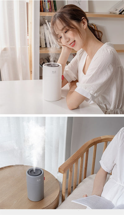White cylindrical USB rechargeable wireless ultrasonic aromatherapy water mist diffuser lamp with H₂O HUMIDIFIER text. - Image 15