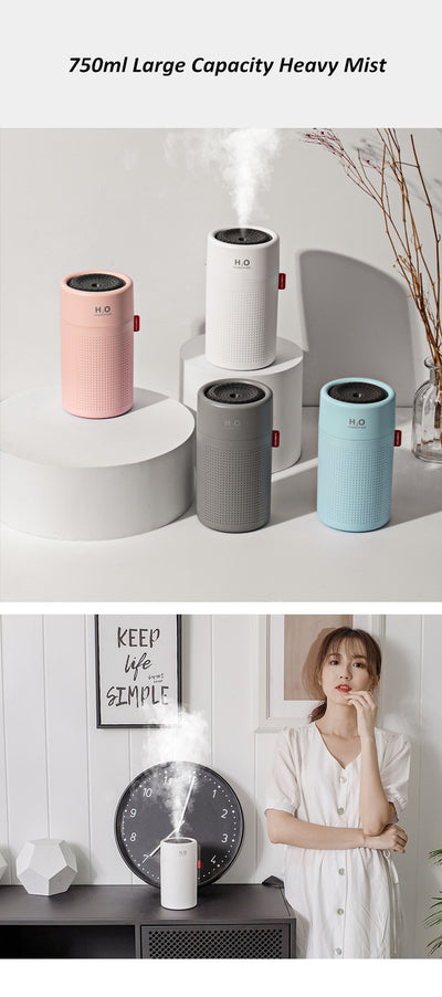 White cylindrical USB rechargeable wireless ultrasonic aromatherapy water mist diffuser lamp with H₂O HUMIDIFIER text. - Image 16