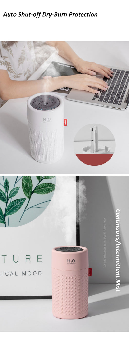 White cylindrical USB rechargeable wireless ultrasonic aromatherapy water mist diffuser lamp with H₂O HUMIDIFIER text. - Image 17