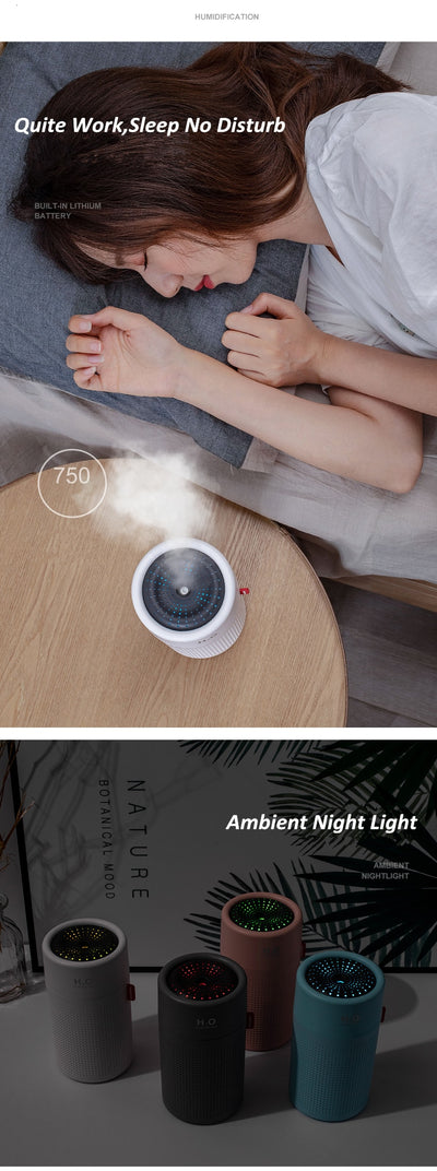 White cylindrical USB rechargeable wireless ultrasonic aromatherapy water mist diffuser lamp with H₂O HUMIDIFIER text. - Image 18