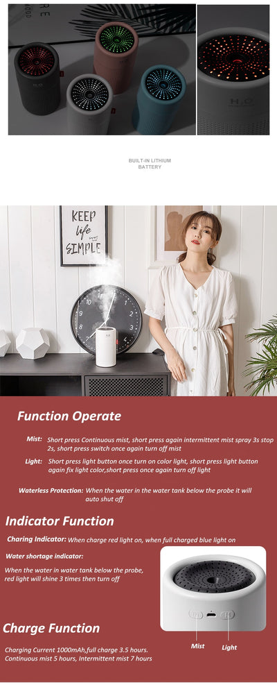 White cylindrical USB rechargeable wireless ultrasonic aromatherapy water mist diffuser lamp with H₂O HUMIDIFIER text. - Image 19