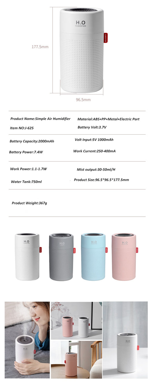 White cylindrical USB rechargeable wireless ultrasonic aromatherapy water mist diffuser lamp with H₂O HUMIDIFIER text. - Image 20