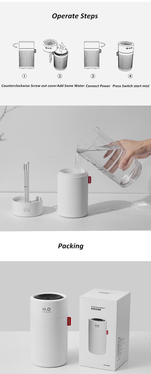 White cylindrical USB rechargeable wireless ultrasonic aromatherapy water mist diffuser lamp with H₂O HUMIDIFIER text. - Image 21