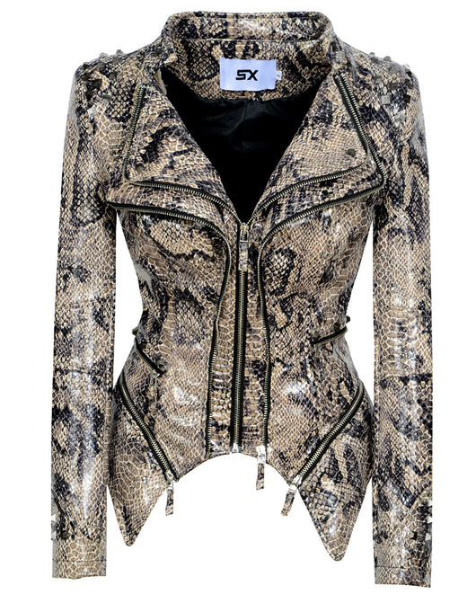 Chaqueta de Cuero Motociclista Ajustada con Remaches para Mujer - Image 13