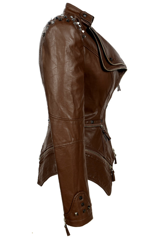 Chaqueta de Cuero Motociclista Ajustada con Remaches para Mujer - Image 18