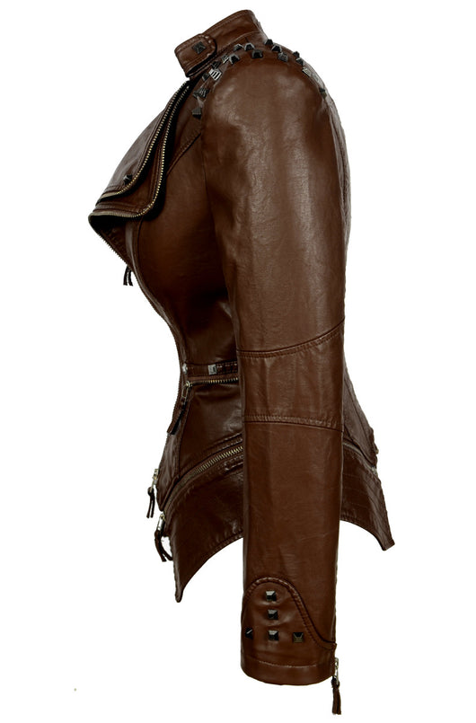Chaqueta de Cuero Motociclista Ajustada con Remaches para Mujer - Image 19