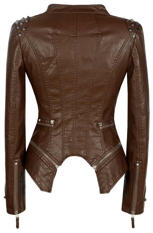 Chaqueta de Cuero Motociclista Ajustada con Remaches para Mujer - Image 20