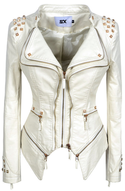 Chaqueta de Cuero Motociclista Ajustada con Remaches para Mujer - Image 22