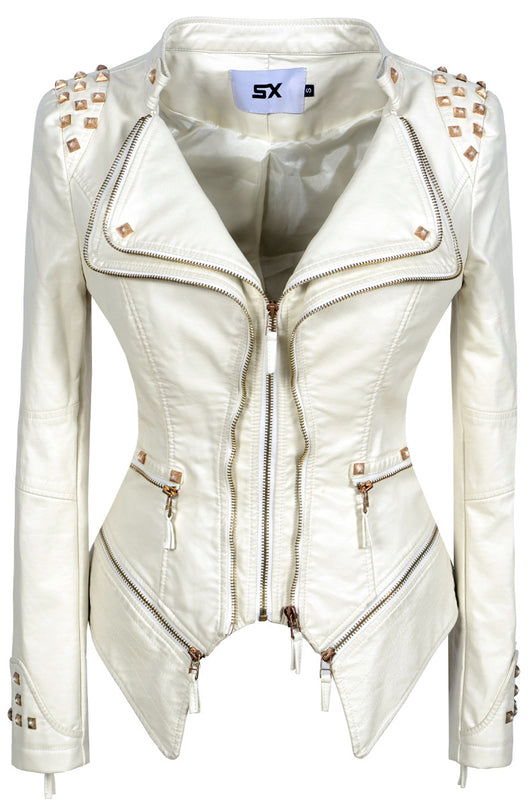 Chaqueta de Cuero Motociclista Ajustada con Remaches para Mujer - Image 22