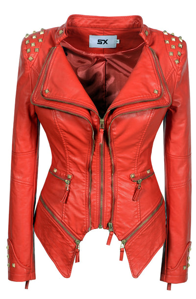 Chaqueta de Cuero Motociclista Ajustada con Remaches para Mujer - Image 25