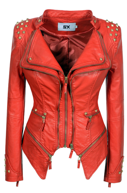 Chaqueta de Cuero Motociclista Ajustada con Remaches para Mujer - Image 25