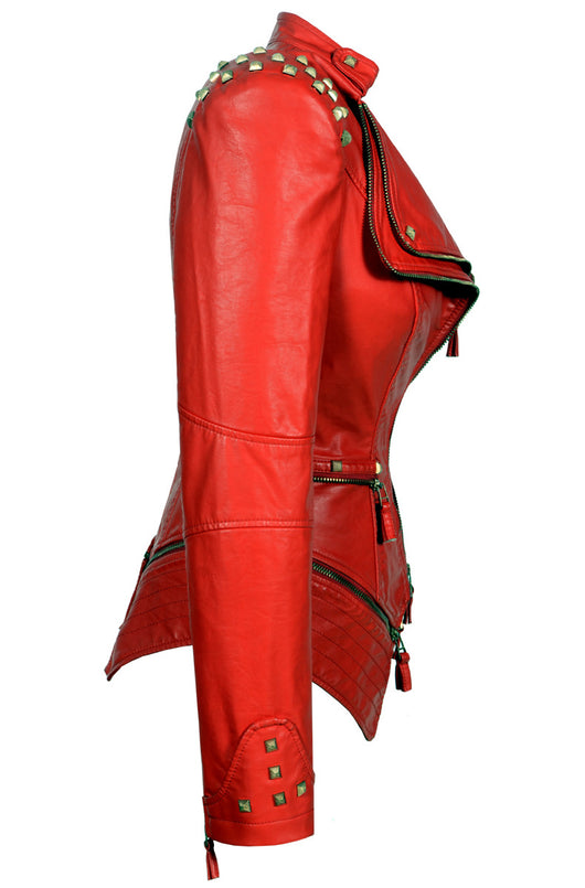 Chaqueta de Cuero Motociclista Ajustada con Remaches para Mujer - Image 26