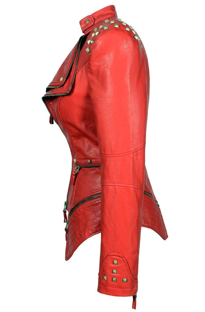 Chaqueta de Cuero Motociclista Ajustada con Remaches para Mujer - Image 27
