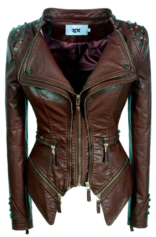 Chaqueta de Cuero Motociclista Ajustada con Remaches para Mujer - Image 30