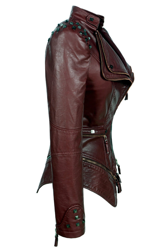 Chaqueta de Cuero Motociclista Ajustada con Remaches para Mujer - Image 31