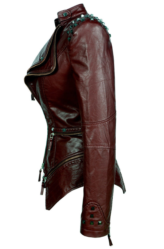 Chaqueta de Cuero Motociclista Ajustada con Remaches para Mujer - Image 32