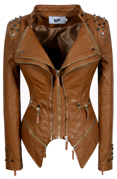 Chaqueta de Cuero Motociclista Ajustada con Remaches para Mujer - Image 34