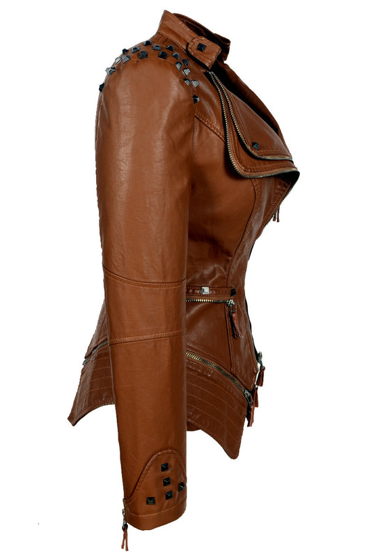 Chaqueta de Cuero Motociclista Ajustada con Remaches para Mujer - Image 35