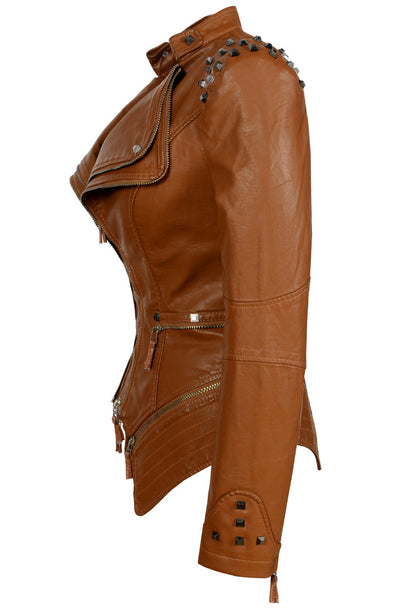 Chaqueta de Cuero Motociclista Ajustada con Remaches para Mujer - Image 36