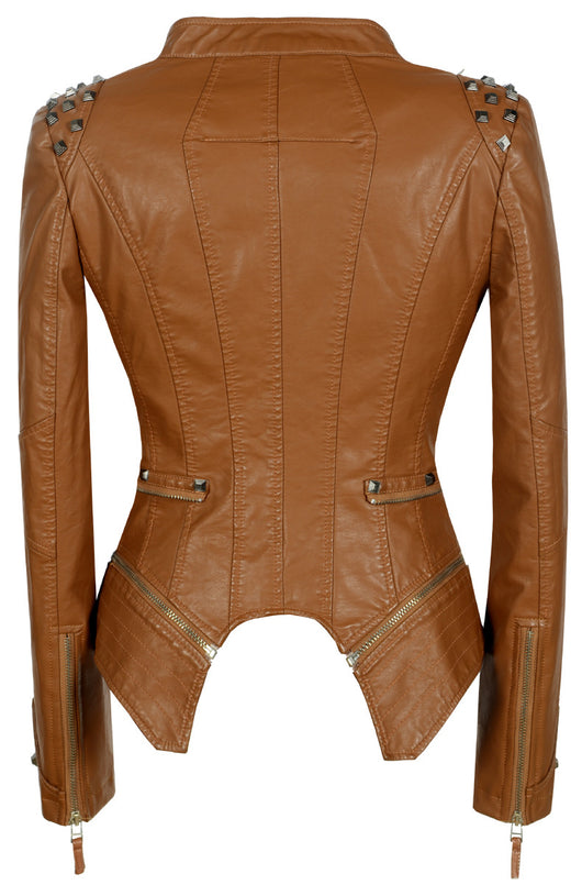 Chaqueta de Cuero Motociclista Ajustada con Remaches para Mujer - Image 37