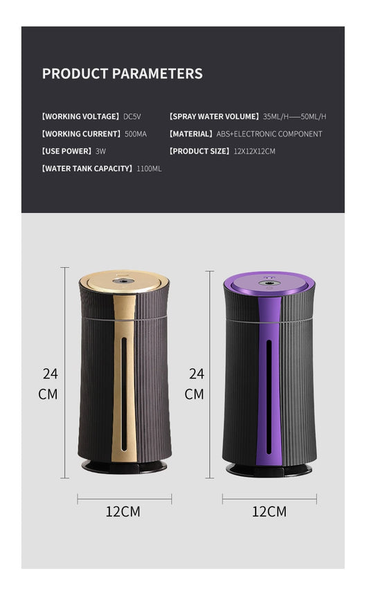 Black and purple columnar mini USB humidifier with ribbed texture and visible water level indicator. - Image 13
