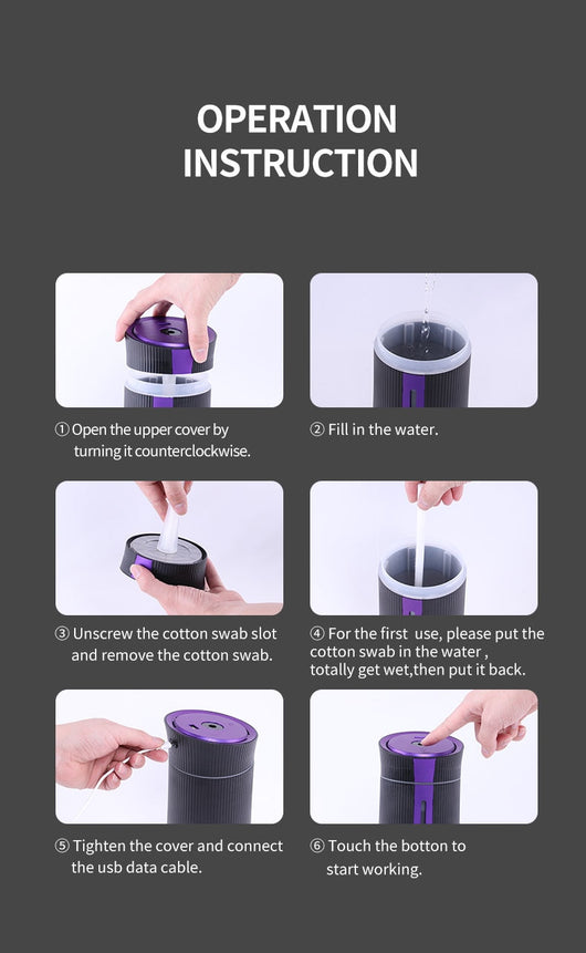 Black and purple columnar mini USB humidifier with ribbed texture and visible water level indicator. - Image 15