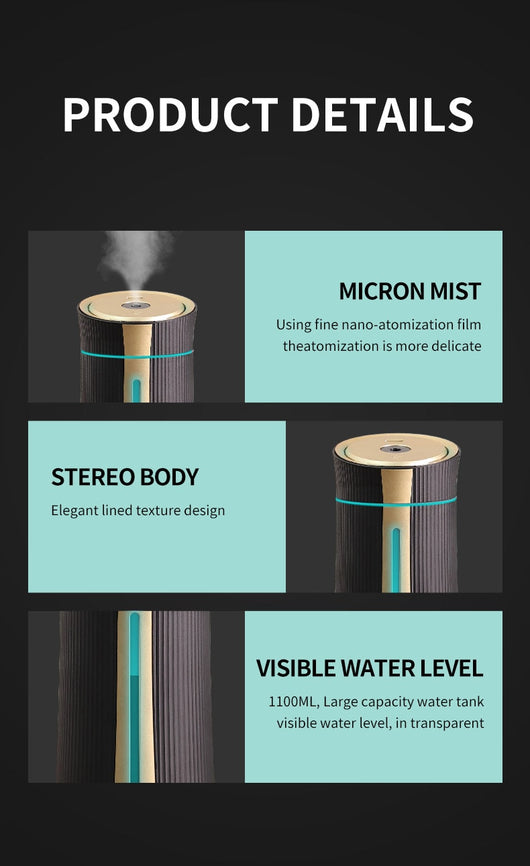 Black and purple columnar mini USB humidifier with ribbed texture and visible water level indicator. - Image 16
