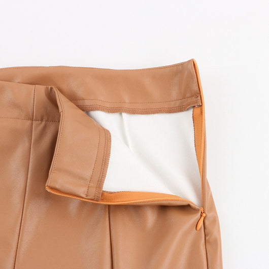 Pantalones de Cuero PU Khaki para Mujer - Diseño Casual con Cierre - Image 15