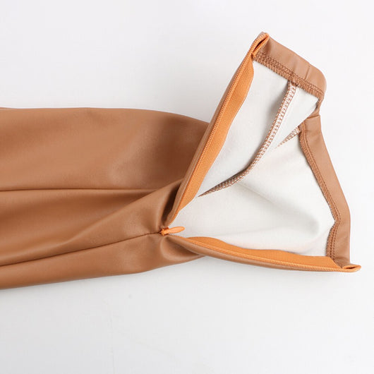 Pantalones de Cuero PU Khaki para Mujer - Diseño Casual con Cierre - Image 16