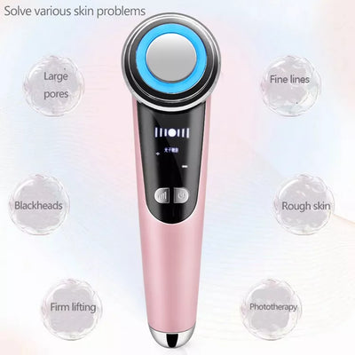 White facial massage importer with red and blue LED light ring, two 'POLYPEPTIDE' facial mask boxes, and a pink cat ear headband. - Image 10